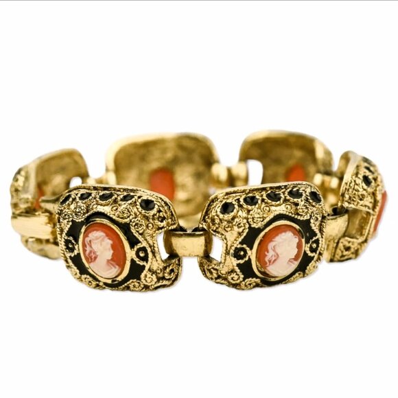 Vintage GEM-CRAFT Stamped Etruscan Style Gold-Tone Revival Cameo Link Bracelet - Picture 1 of 7